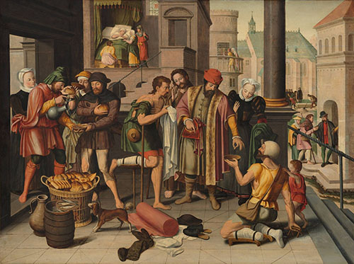 Old painting of rich person giving out donations in the street